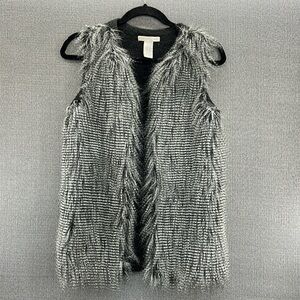 Design History Women’s Gray Faux Fur Shaggy‎ Open Front Knit Back Vest Size S
